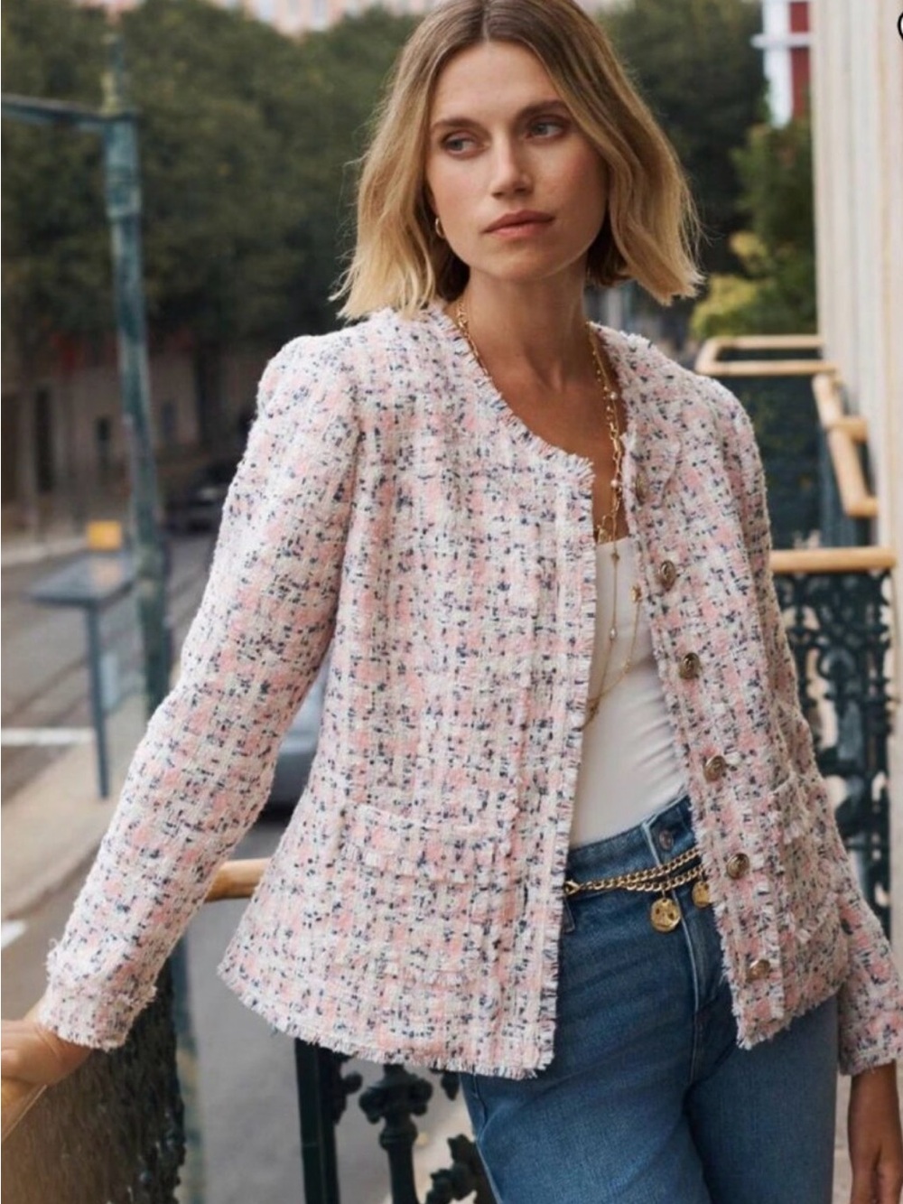 White House Black Market Shimmery Tweed Pink Blazer pink blue ecru tweed size 10